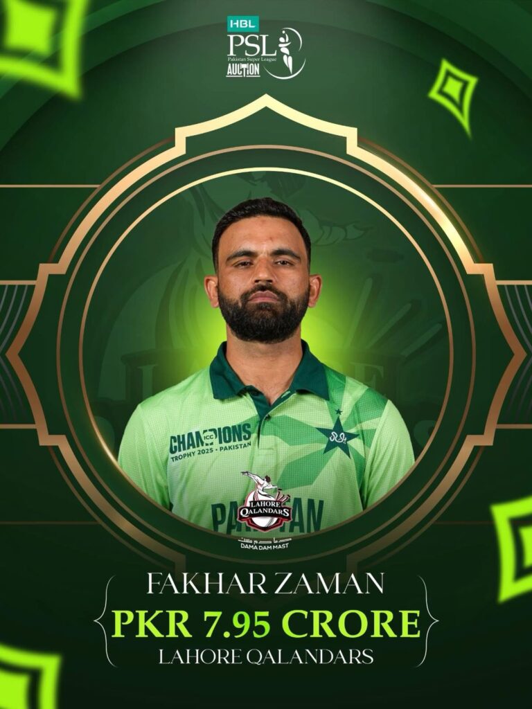 Lahore Qalandars manage to keep Fakhar Zaman with the successful bid of PKR 7.95 crore