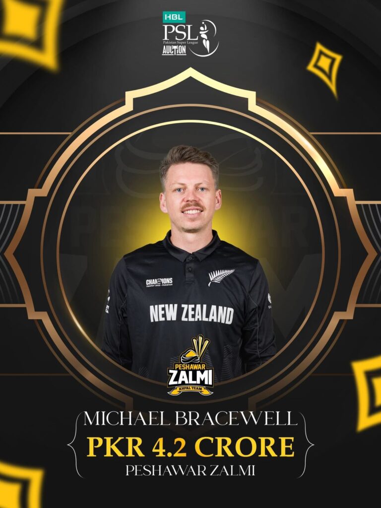 New Zealand all rounder Michael Bracewell is bought by Peshawar Zalmi for PKR 4.2 crore