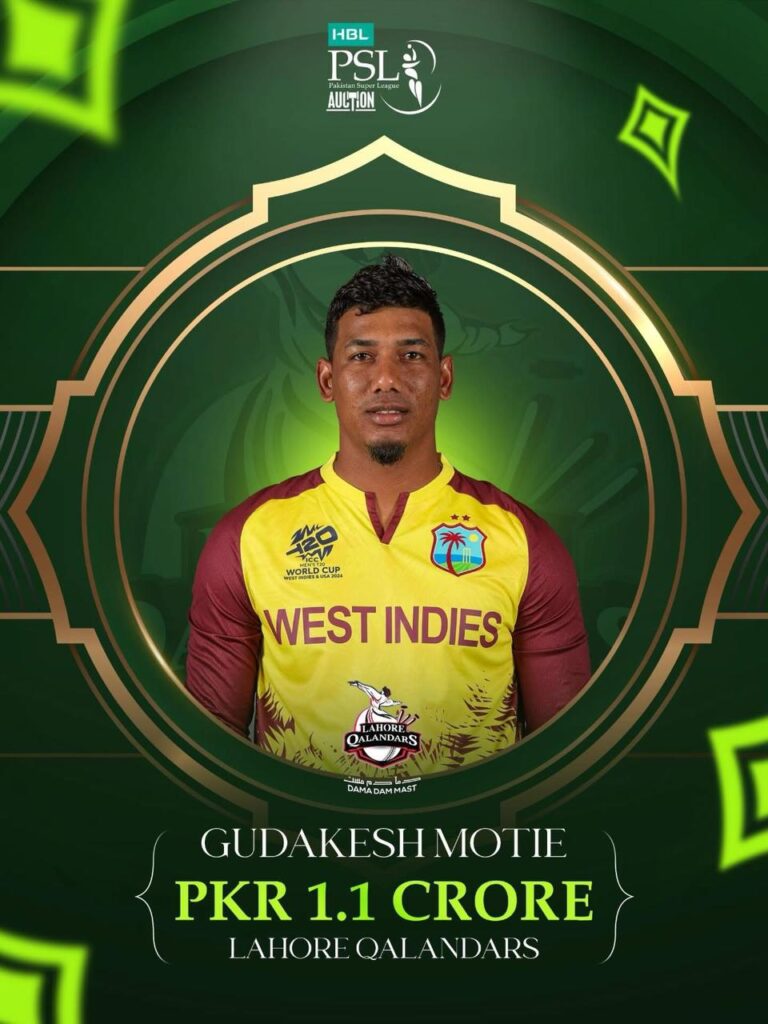 West Indies spinner Gudakesh Motie will be representing Lahore Qalandars in the new HBL PSL season